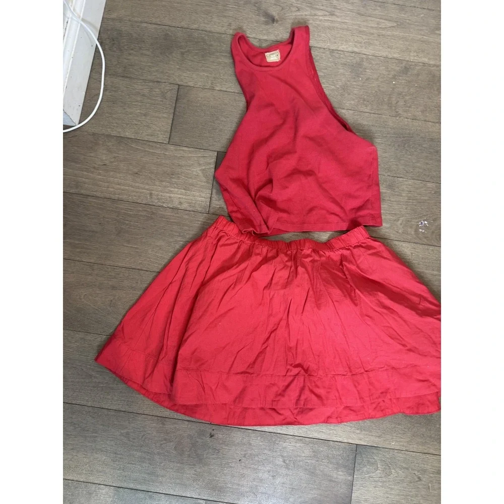 Free People Set Womens XS Red Tank Top Skirt Elastic Waist Lounge‎ Summer Outfit